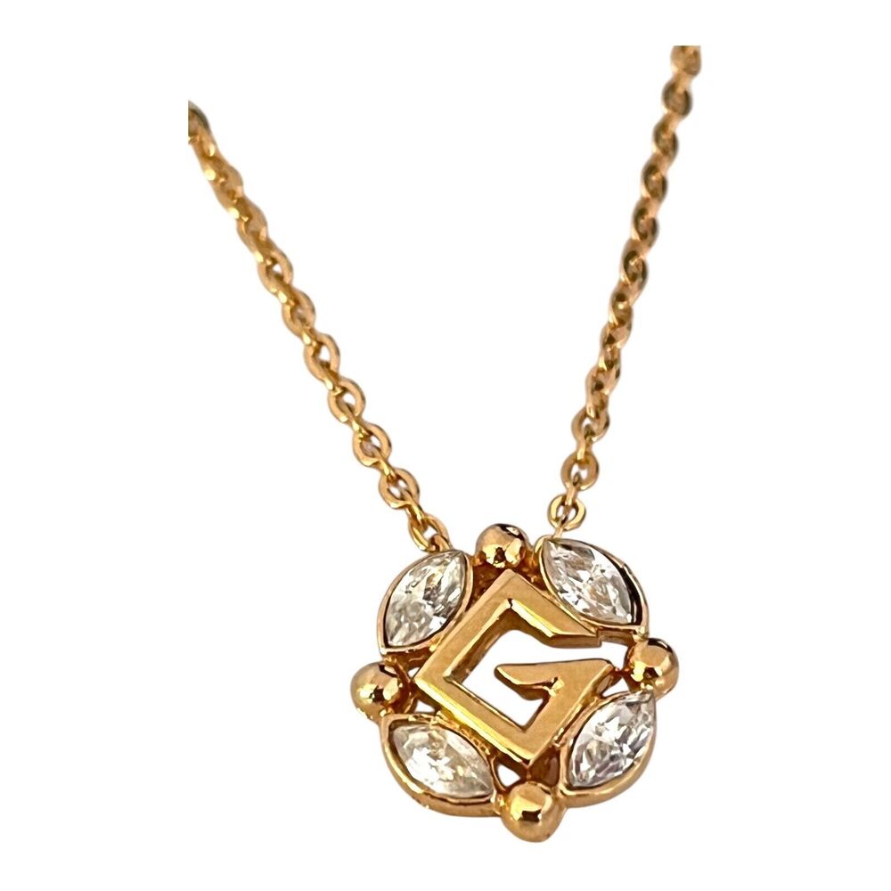 Vintage 1980s Givenchy G Logo Pendant Necklace Crystal Gold Tone - 7N